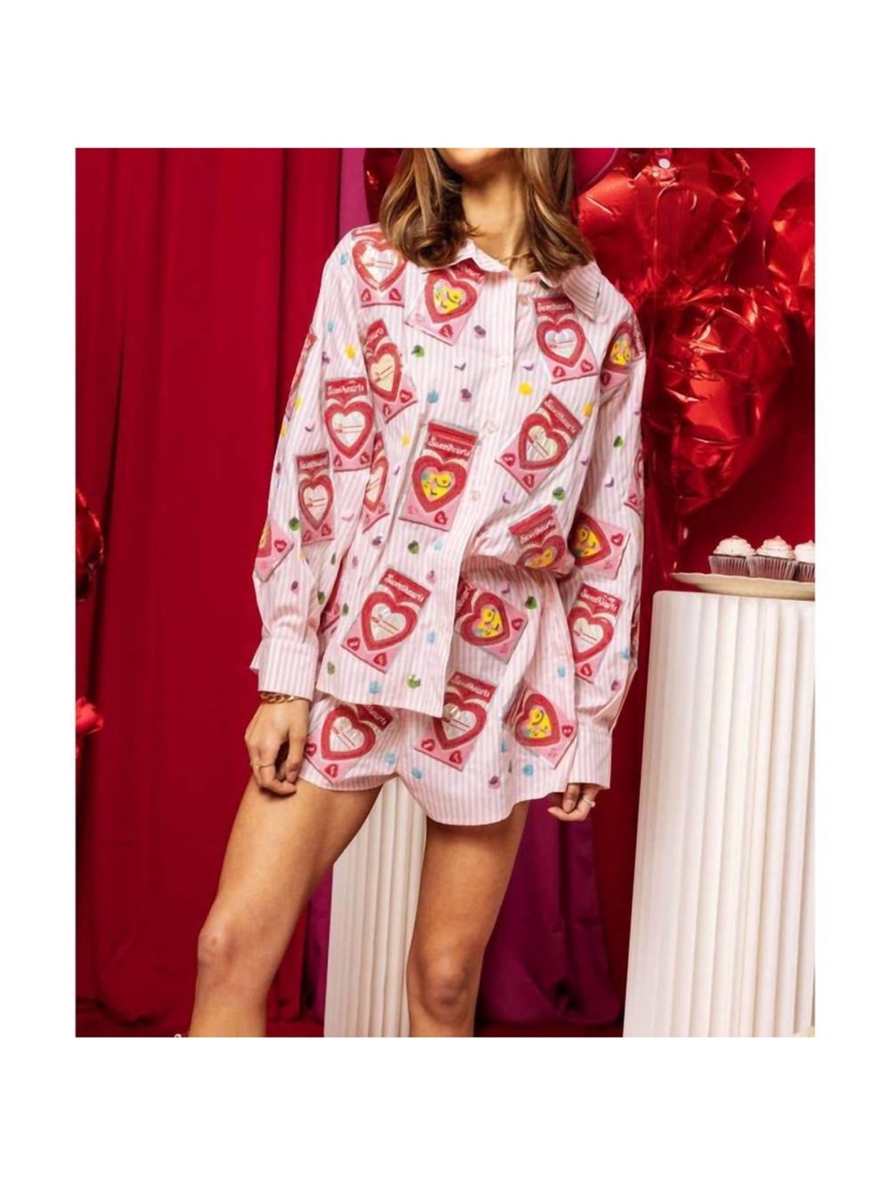 QUEEN OF SPARKLES Pink Heart-Print Pajama Shirt & Shorts Set